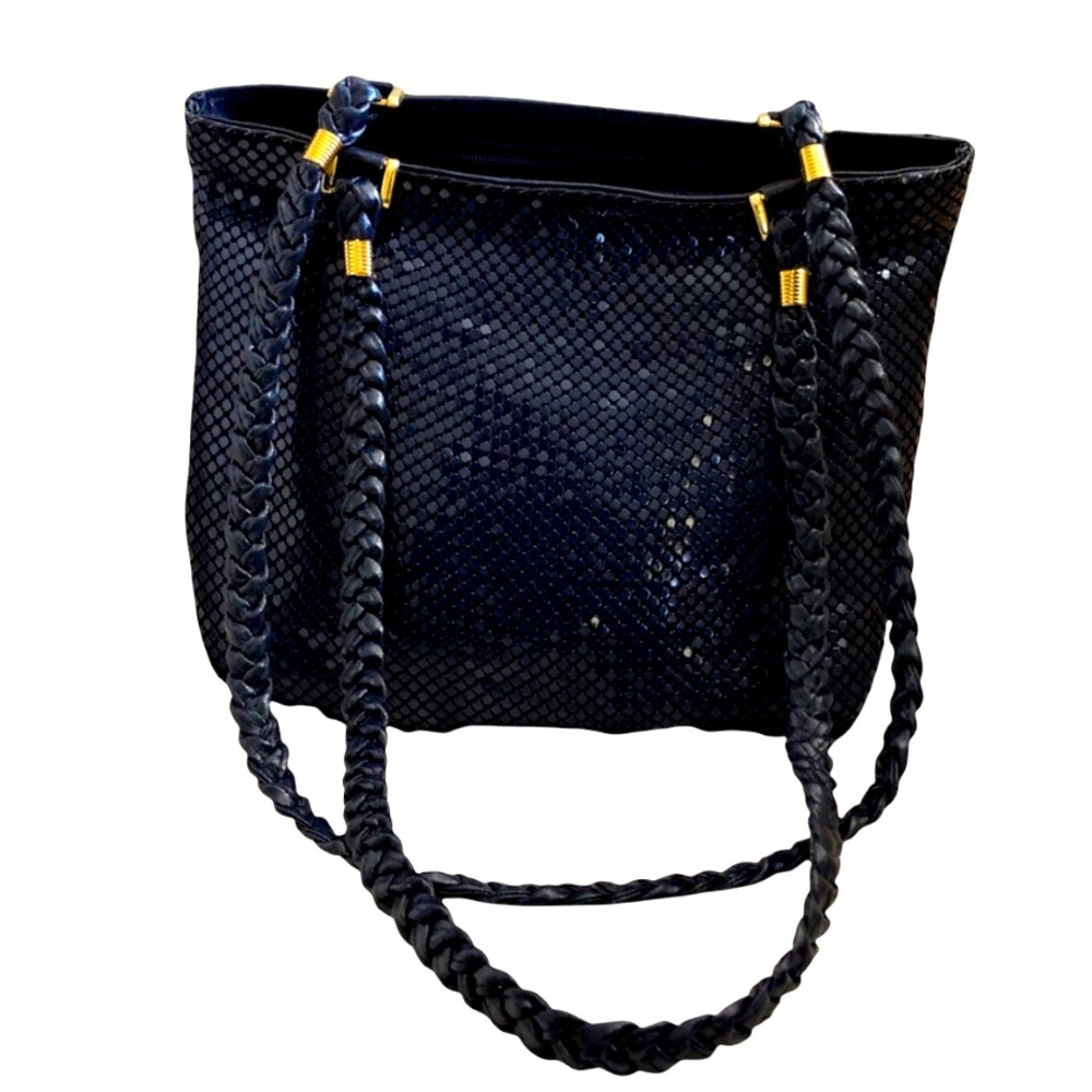 Vintage Metal Mesh Shoulder Bag Navy Gold Tone Zip